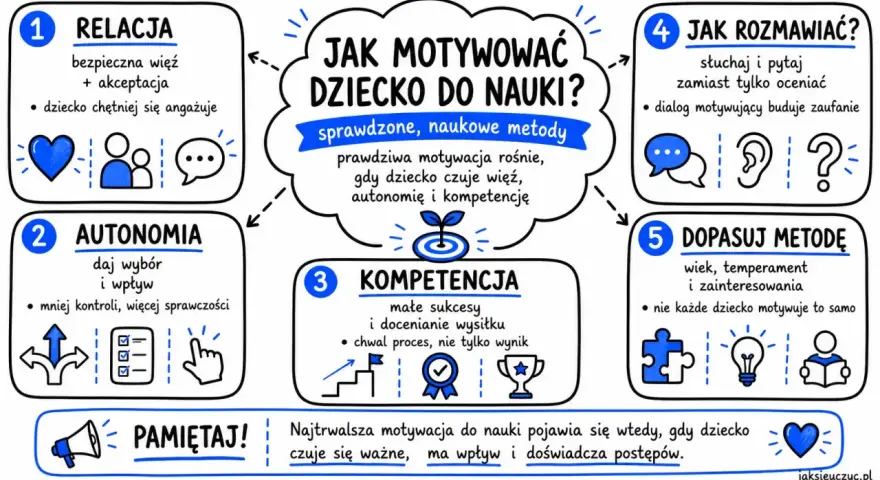 Jak motywować dziecko do nauki? 5 metod: relacja, autonomia, kompetencja, rozmowa, dopasowanie. Prawdziwa motywacja rośnie, gdy dziecko czuje więź, autonomię i kompetencję.