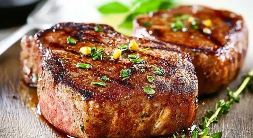 Due succulenti filetti di manzo grigliati, guarniti con erbe aromatiche e chicchi di pepe, pronti per essere gustati.