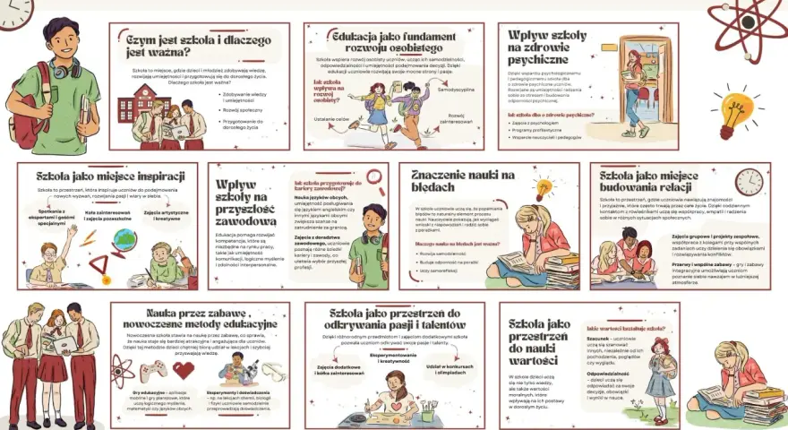 Ilustracja do gazetki szkolnej: szkoła jako miejsce rozwoju, inspiracji i budowania relacji. Daje pomysł na gazetkę szkolną.
