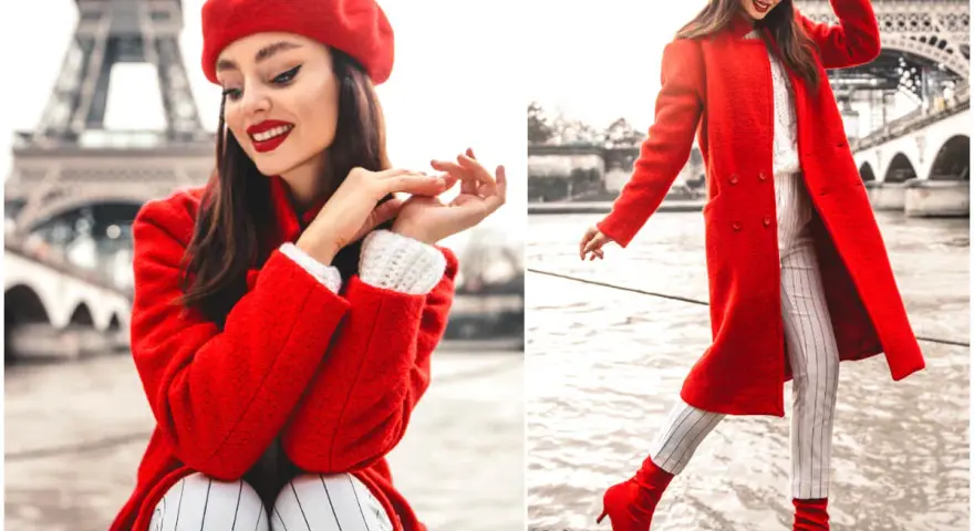 Eleganckie francuskie stylizacje w Paryżu. Kobieta w czerwonym płaszczu, beretce i stylowych spodniach.