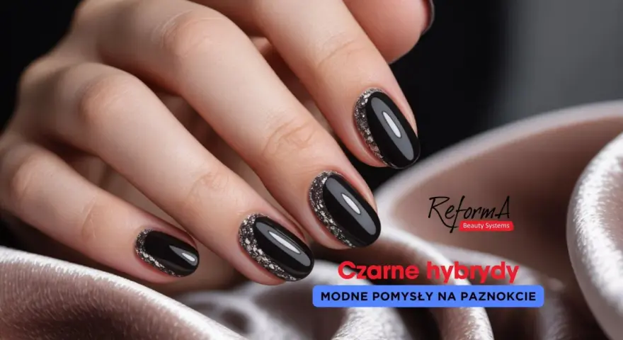 Eleganckie czarne paznokcie z frenchem i brokatowym zdobieniem. Modne pomysły na hybrydy.