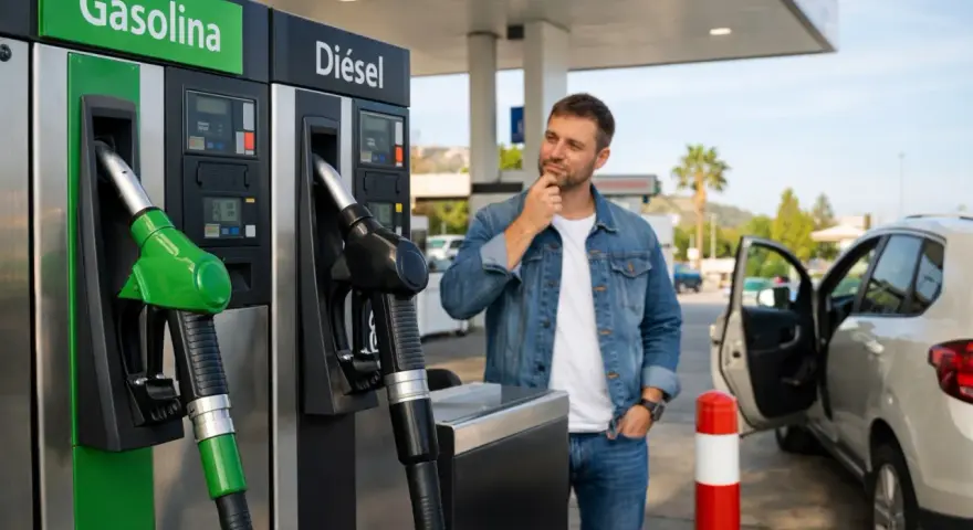 Hombre pensativo frente a surtidores de gasolina y diésel. ¿Cuál elegir para su viaje?