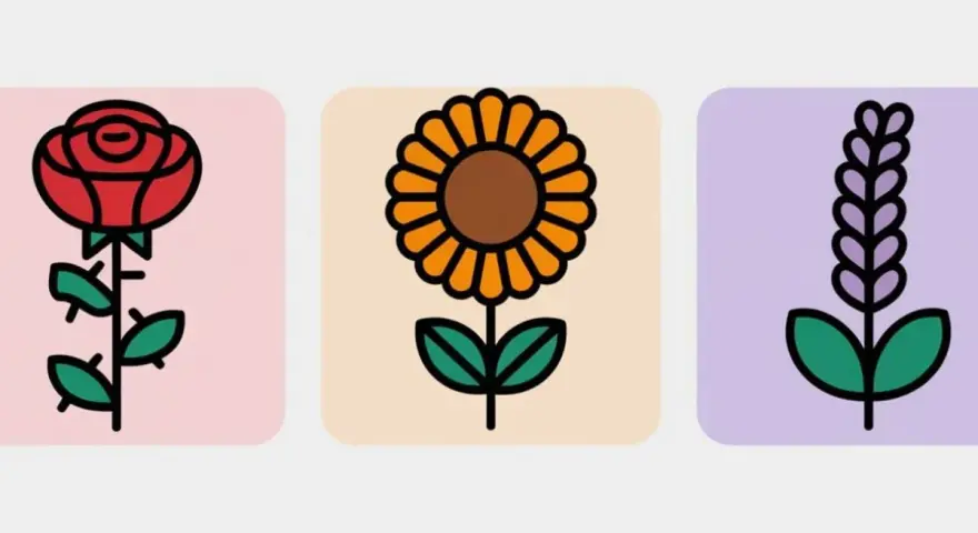 Tres flores estilizadas: una rosa roja, un girasol y una espiga morada. La rosa, símbolo de la flor del amor, se alza con elegancia.