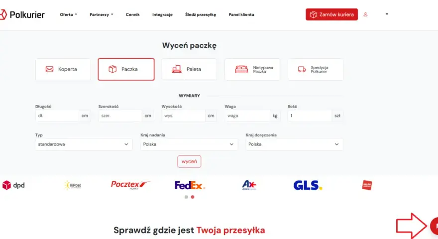 Formularz wyceny paczki na stronie Polkurier z polami na wymiary, wagę i kraj nadania/doręczenia.