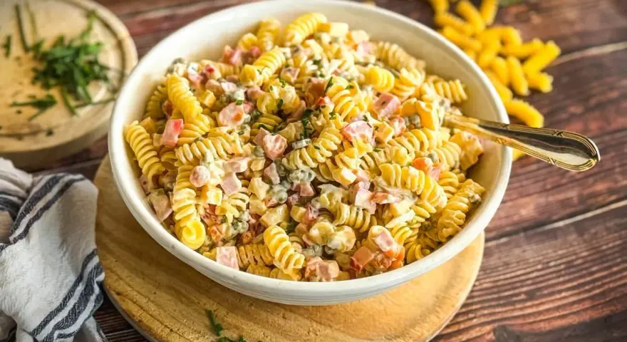Cremiger Nudelsalat mit Schinken, Erbsen und einem leckeren Dressing, garniert mit frischen Kräutern.