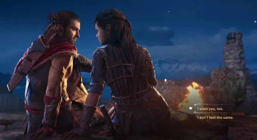 Alexios y Kassandra comparten un momento íntimo, una escena que podría ser un trofeo de Assassin's Creed Odyssey.