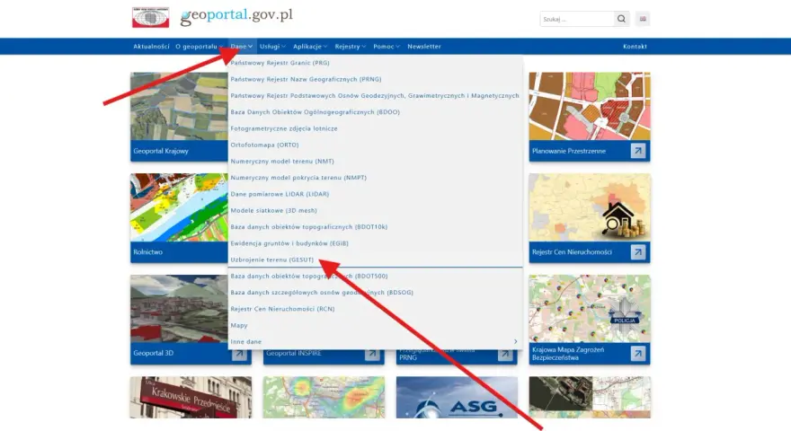 Wybierz "Uzbrojenie terenu (GESUT)" na geoportal.gov.pl, aby uzyskać dostęp do danych o infrastrukturze technicznej.