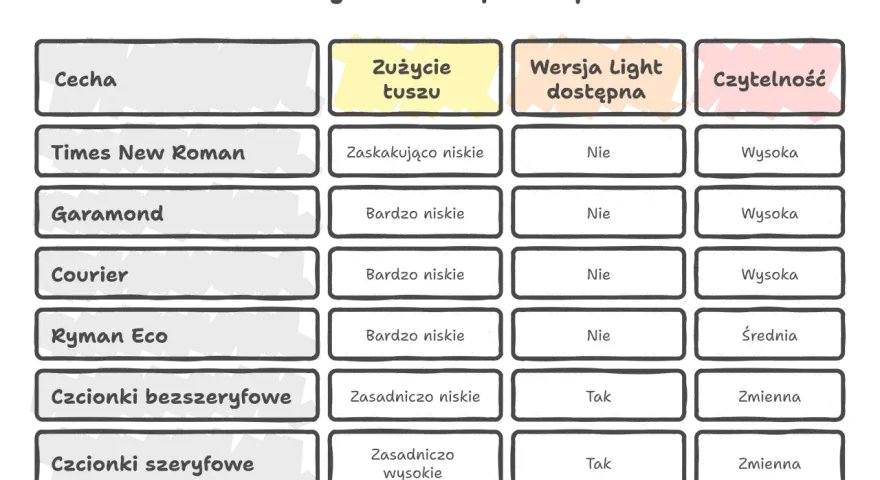 Porównanie zużycia tuszu przez ładne czcionki: Times New Roman, Garamond, Courier, Ryman Eco, bezszeryfowe i szeryfowe.