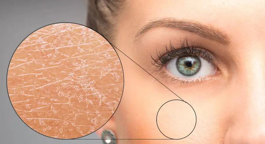 Gros plan sur une peau sèche et craquelée, expliquant pourquoi j'ai la peau sèche. Une loupe révèle la texture rugueuse.