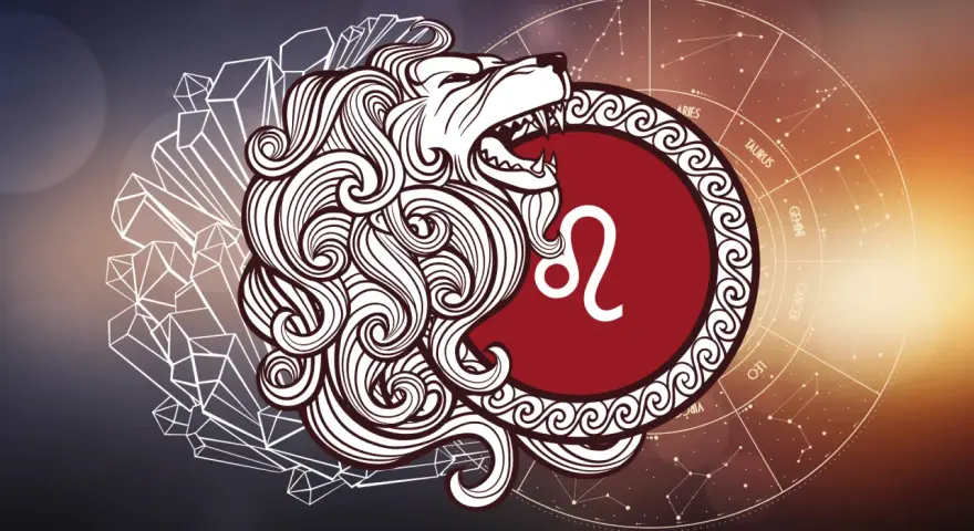 Lew, 6 sierpnia znak zodiaku, symbolizuje siłę i odwagę. Stylizowany lew z grzywą i symbolem zodiaku na tle konstelacji.