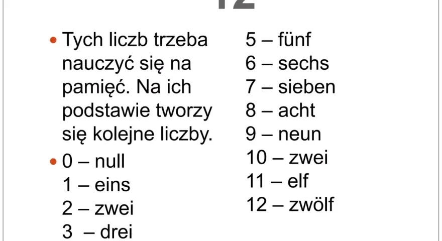 Nauka liczb po niemiecku: 0-null, 1-eins, 2-zwei, 3-drei, 4-vier, 5-fünf, 6-sechs, 7-sieben, 8-acht, 9-neun, 10-zehn, 11-elf, 12-zwölf.