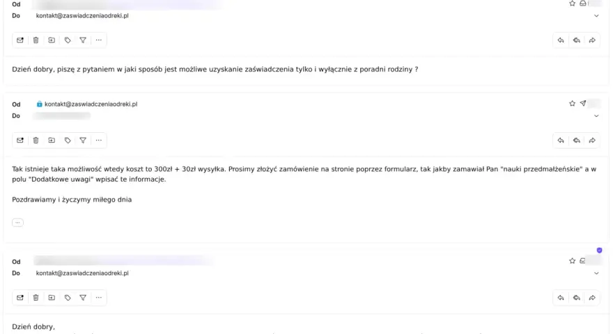 Wiadomości e-mail dotyczące zamówienia zaświadczenia do chrztu. Potwierdzenie możliwości uzyskania dokumentu i podziękowanie za sprawną obsługę.