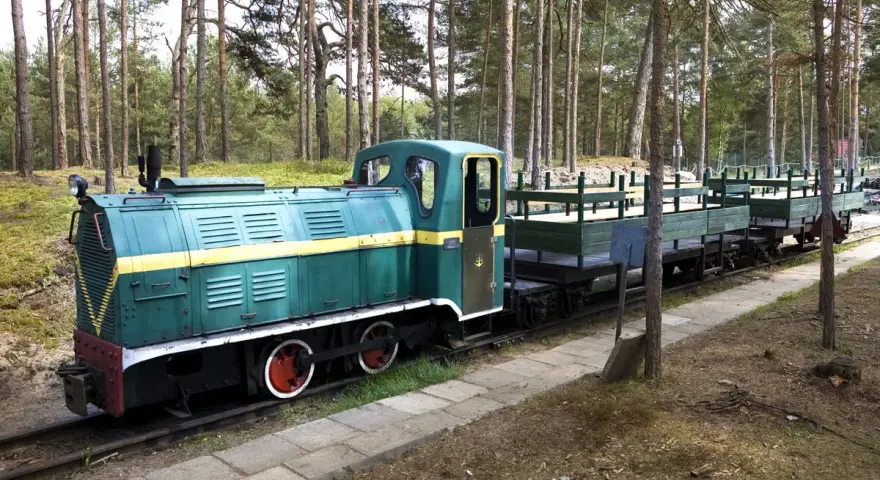 Zielona lokomotywa z żółtym pasem i wagonami na torach leśnych. Pociąg nawiązuje do historii muzeum obrony wybrzeża.