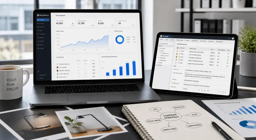 Laptop und Tablet zeigen SEO-Dashboards mit Diagrammen und Tabellen, die eine **faceted search** für Produkte und Keywords ermöglichen.