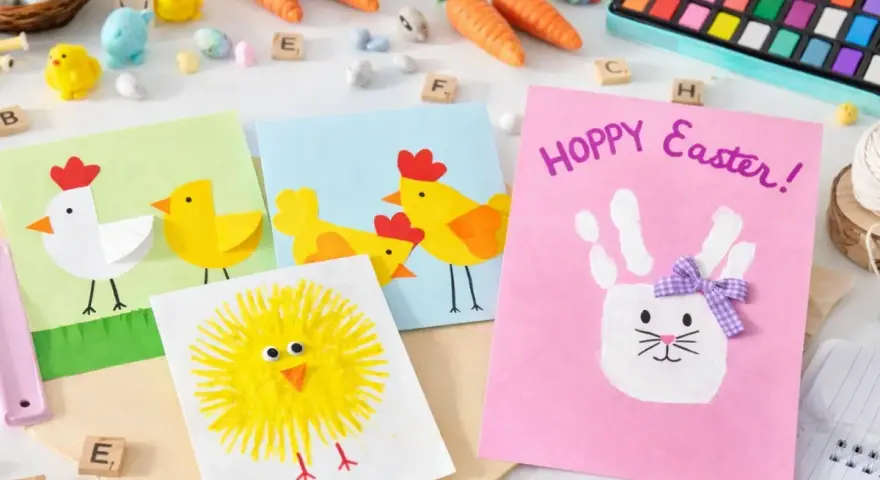 Bunte Osterkarten zum Selberbasteln mit Kindern: Küken, Hühner und ein Hase aus Handabdrücken.