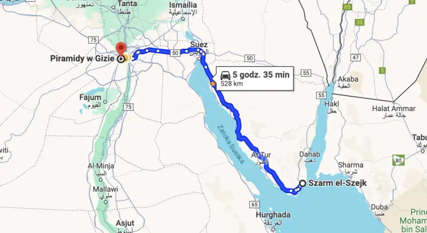 Trasa z Szarm el-Szejk do Piramid w Gizie, pokazująca, skąd najbliżej do piramid. Podróż trwa 5 godz. 35 min, dystans 528 km.