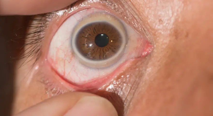 Occhio con iride marrone e un sottile anello di Weiss visibile intorno alla pupilla.