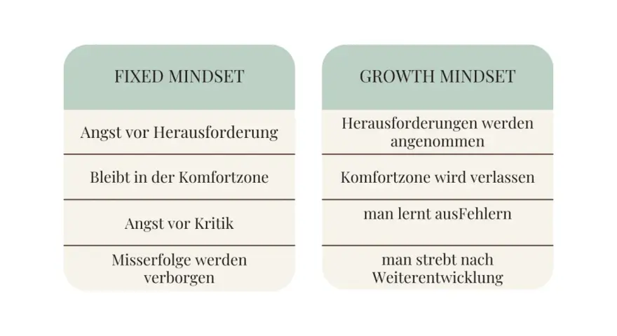 Gegenüberstellung von "Fixed Mindset" (Angst vor Herausforderungen, Kritik, Misserfolgen) und "Growth Mindset" (Herausforderungen annehmen, aus Fehlern lernen, Weiterentwicklung).