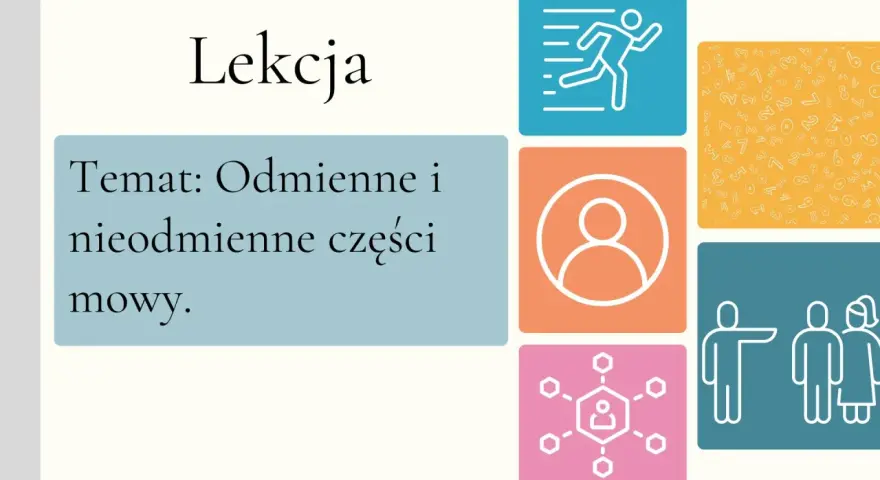 Lekcja o odmiennych i nieodmiennych częściach mowy. Grafiki symbolizują ruch, ludzi i liczby.