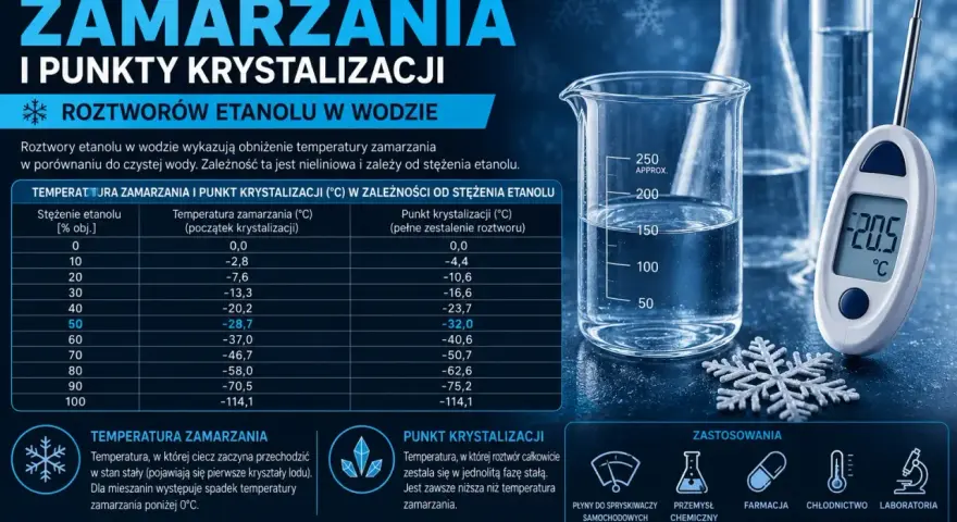 Tabela pokazuje, jak temperatura parowania alkoholu w roztworze z wodą zmienia się wraz ze stężeniem. Termometr pokazuje -20.5°C.