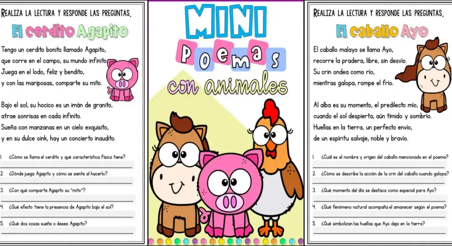 Fichas para comprensión lectora 2 primaria con poemas de un cerdito y un caballo, con preguntas para responder.