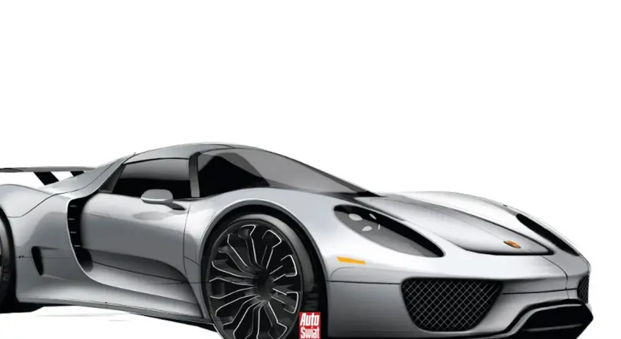 Srebrny Porsche 918 Spyder na białym tle, z widocznym logo "Auto Świat".