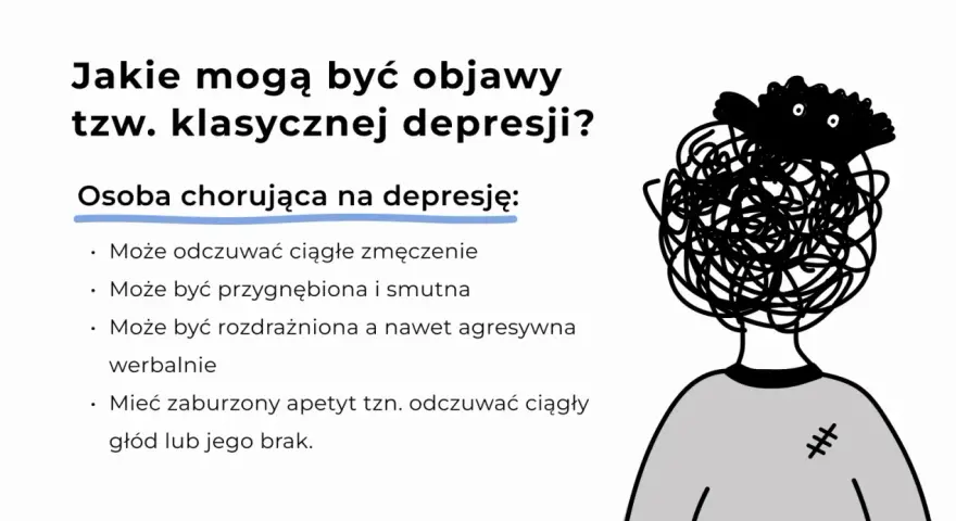 Ilustracja przedstawia postać z chaotyczną czarną głową i smutnymi oczami, symbolizującą depresję.