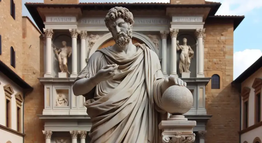 Estatua de mármol de un hombre con barba y túnica, sosteniendo un globo terráqueo, frente a un edificio renacentista.