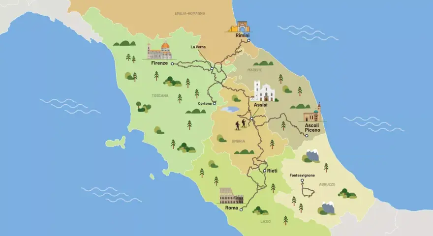 Mappa illustrata del Cammino di San Francesco, con le sue tappe principali da Rimini ad Assisi, Rieti e Roma, attraversando Toscana, Umbria e Marche.