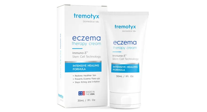 Opakowanie i tubka kremu na egzemę Tremotyx z napisem "Intensive Healing Formula".
