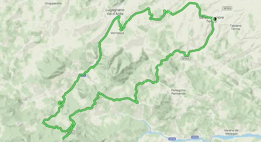 Mappa di un percorso tortuoso tra le colline emiliane, passando per Lugagnano, Vernasca e Salsomaggiore Terme. Un itinerario ideale per chi ama il passo Pellizzone.