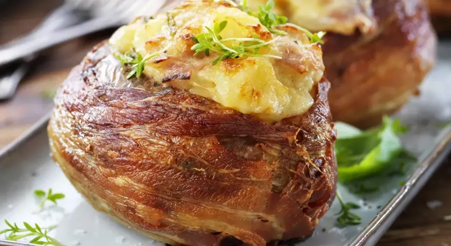 En härlig bakad potatis insvept i knaperstekt bacon, toppad med ost och örter. En riktig delikatess!