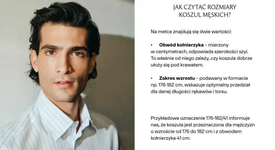 Mężczyzna w koszuli w paski. Tekst wyjaśnia, jak zmierzyć koszulę męską, podając obwód kołnierzyka i zakres wzrostu.