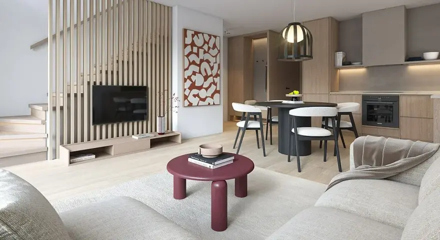 Nowoczesne wnętrze domu 70m2: salon z TV, jadalnia i kuchnia. Drewniane elementy, jasne kolory, minimalistyczny styl.