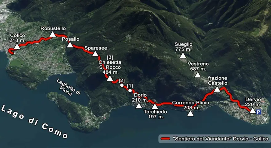 Mappa del Sentiero del Viandante sul Lago di Como, da Dervio a Colico, con tappe e altitudini.