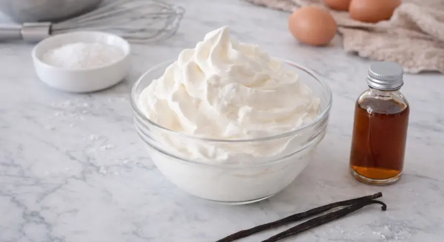 Un bol de chantilly maison aérienne, avec des ingrédients pour la préparer : œufs, vanille, sucre glace et un fouet.