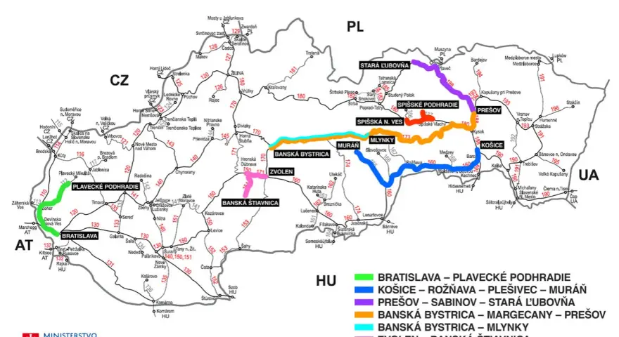 Mapa Słowacji z zaznaczonymi trasami kolejowymi i nazwami miast.