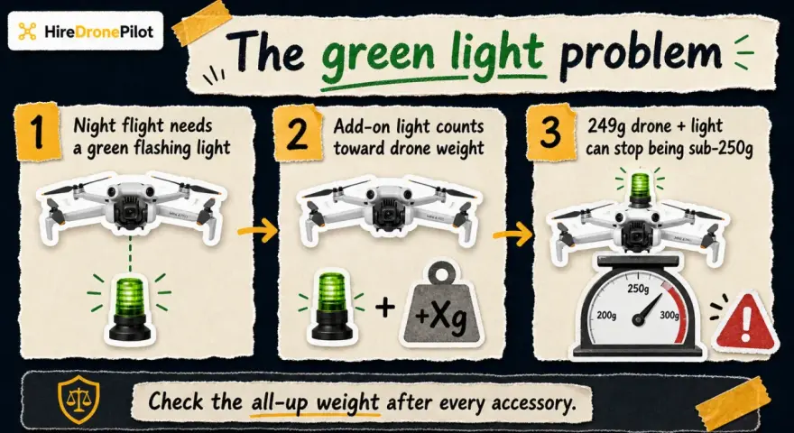 Infographic explaining drone laws: night flight requires a green light, which adds weight, potentially exceeding the 250g limit.