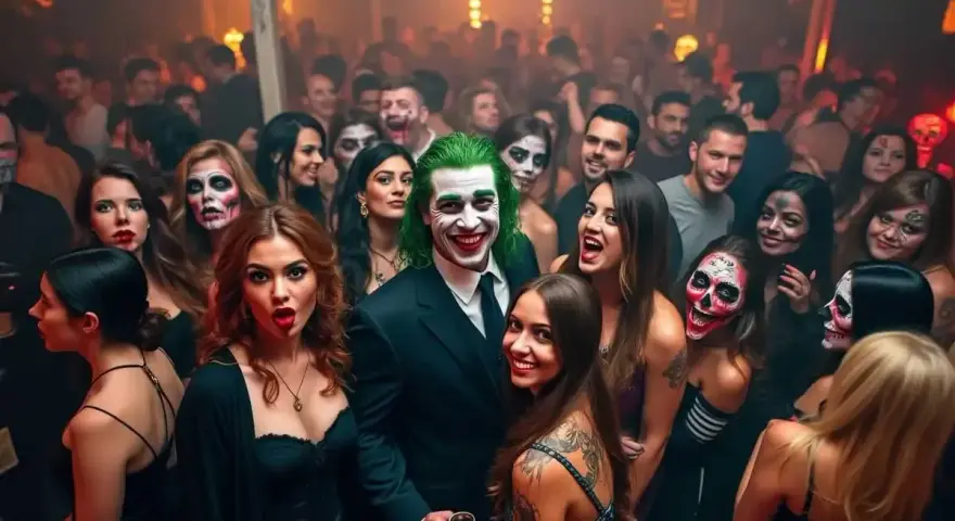 Joker-Kostümierter Mann feiert mit gruselig geschminkten Gästen auf einer ausgelassenen Halloween-Club-Party.