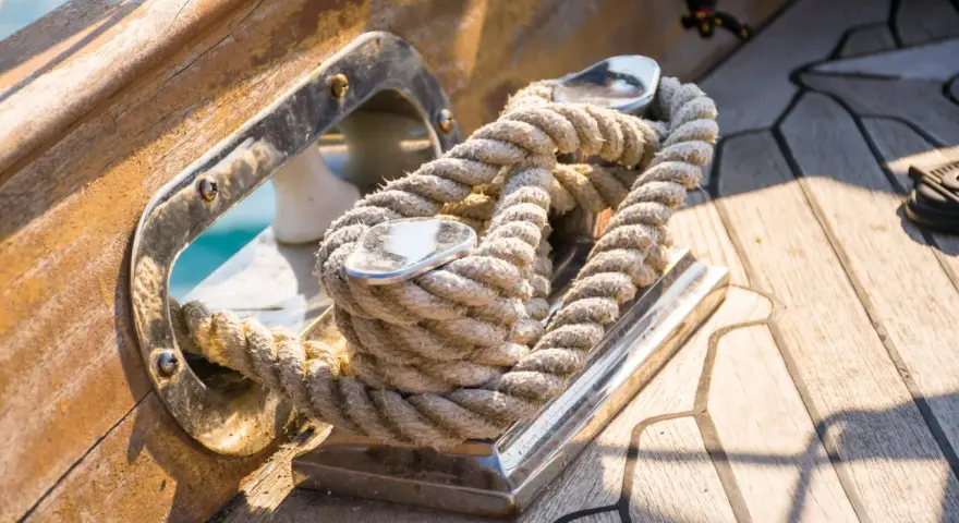 Festgemachtes Seil auf einer Bootsklampe. Das dicke Tauwerk liegt sicher auf dem glänzenden Metall der Klampe, bereit, das Boot festzumachen.