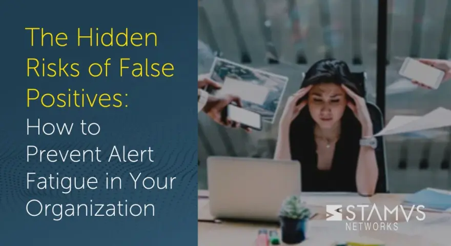 Overwhelmed woman at desk, surrounded by alerts. The image highlights the hidden risks of false positives, showing how they can lead to alert fatigue, impacting true positive detection.
