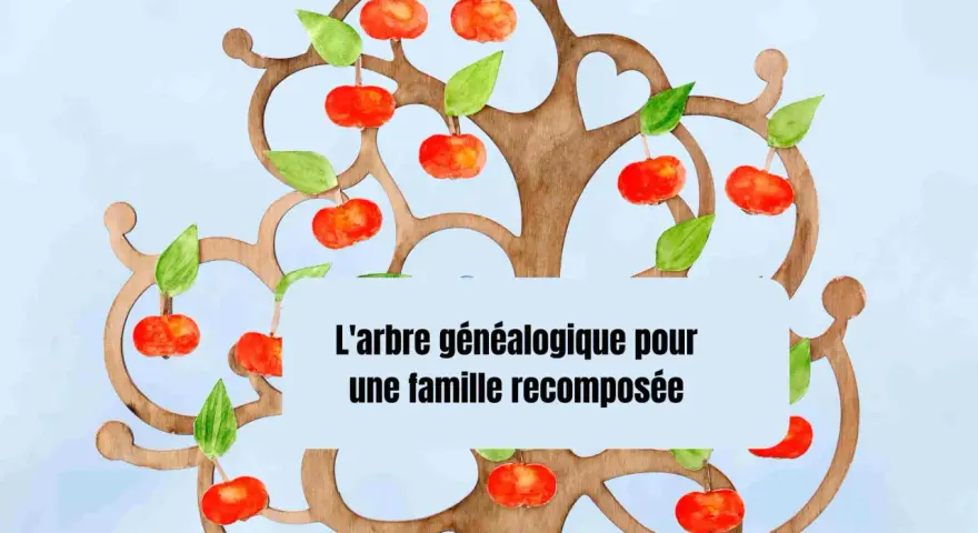 Un arbre généalogique pour une famille recomposée, symbolisé par des fruits rouges et des feuilles vertes sur un fond bleu pâle.