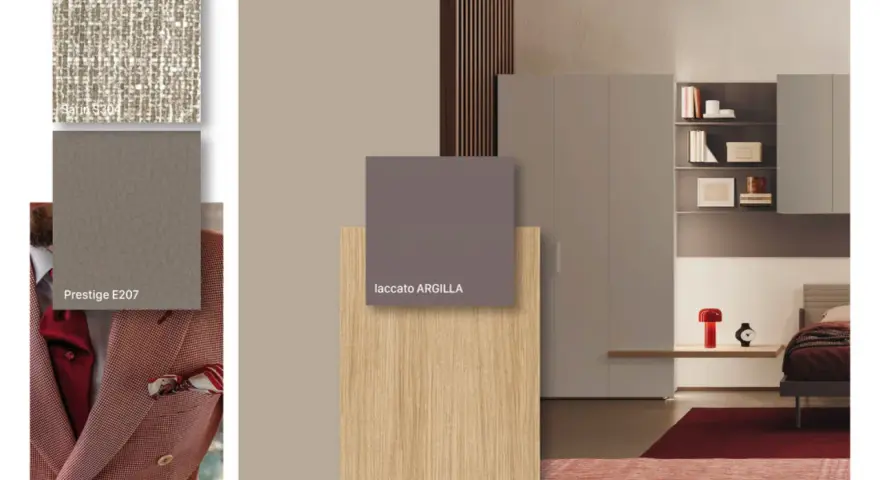 Moodboard con abbinamento legno chiaro e scuro: rovere, tortora, laccato argilla e tessuti eleganti.