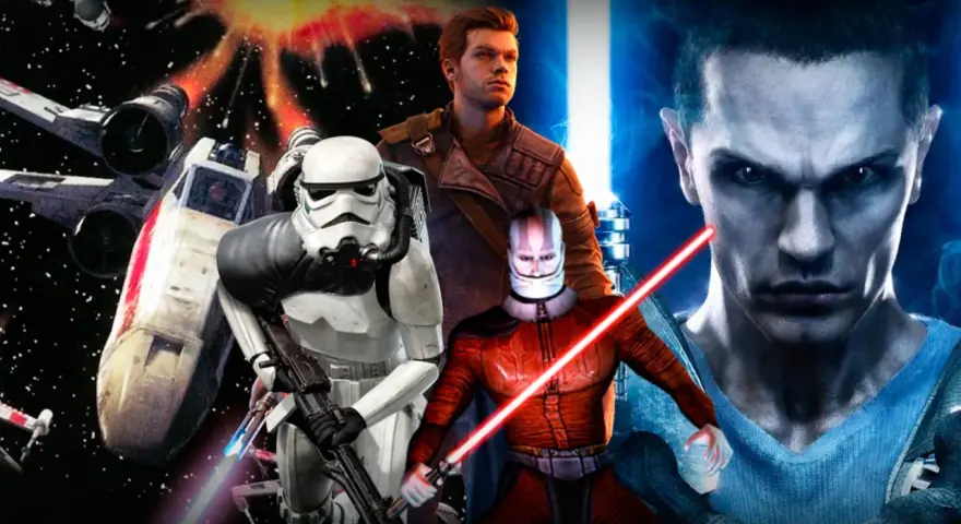 Personajes de los juegos de Star Wars: un soldado imperial, un Jedi y un Sith con sables de luz, junto a una nave X-wing en combate.