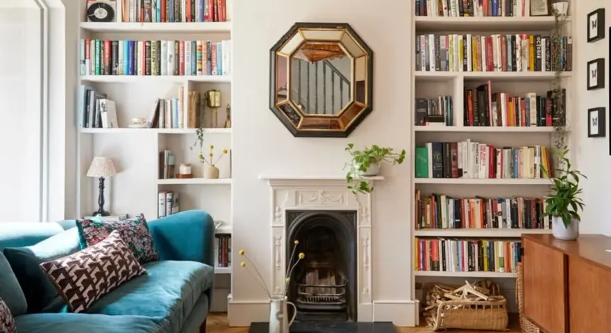 Acogedor salón estrecho y rectangular con sofá azul, chimenea y estanterías repletas de libros.