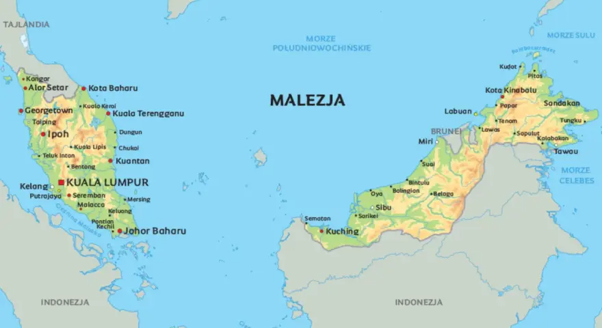 Mapa pokazuje, gdzie leży Malezja, między Tajlandią a Indonezją, otoczona Morzem Południowochińskim i Morzem Celebes.