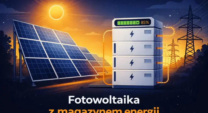 Fotowoltaika z magazynem energii w Polsce. Panele słoneczne ładują baterie, które zasilają sieć energetyczną.