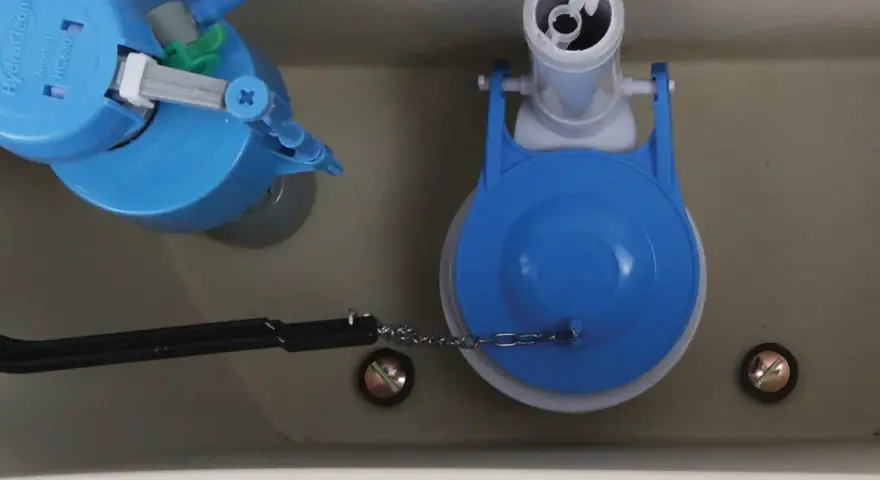 Toilet tank internals. A blue Hydroclean flush valve and a blue dual-flush valve. Could a faulty valve be why does my toilet keep running?