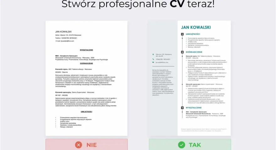 CV dla ucznia: Jan Kowalski, doświadczony menedżer, prezentuje swoje umiejętności i wykształcenie.