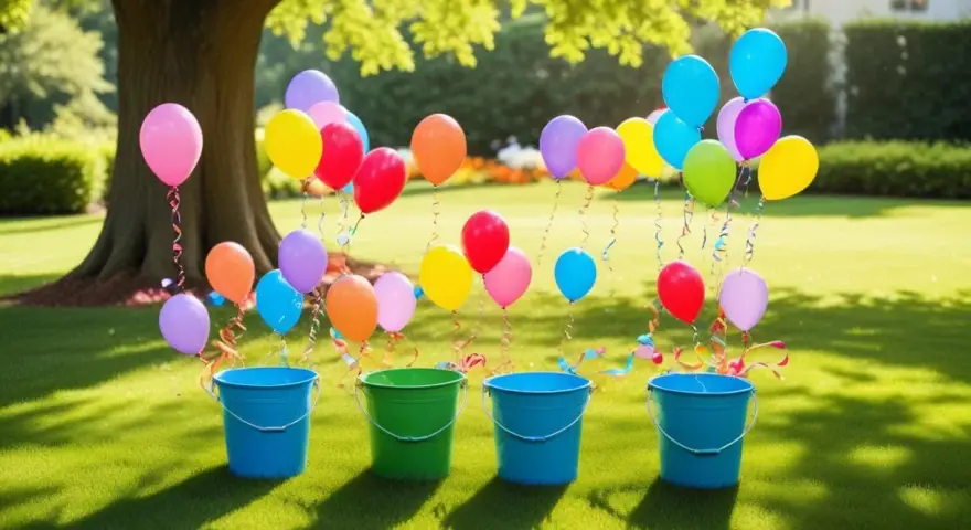 Färgglada ballonger svävar över hinkar på en gräsmatta, redo för en lek att kasta boll i hink.